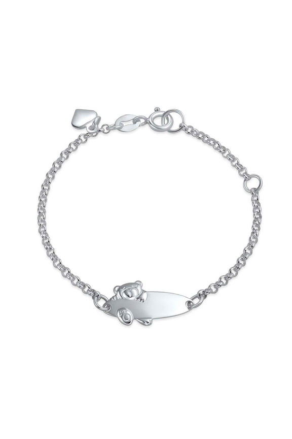 Womens Name Bar Teddy Bear ID Bracelet Silver Sterling Small Wrists 5-6 Inch Adjustable