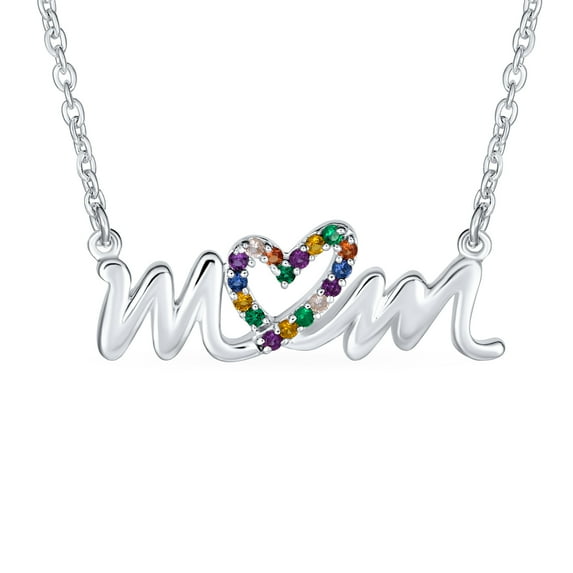 Bling Jewelry Womens Name Style Crystal Heart Pendant Necklace for Mother Sterling Silver Rainbow MOM
