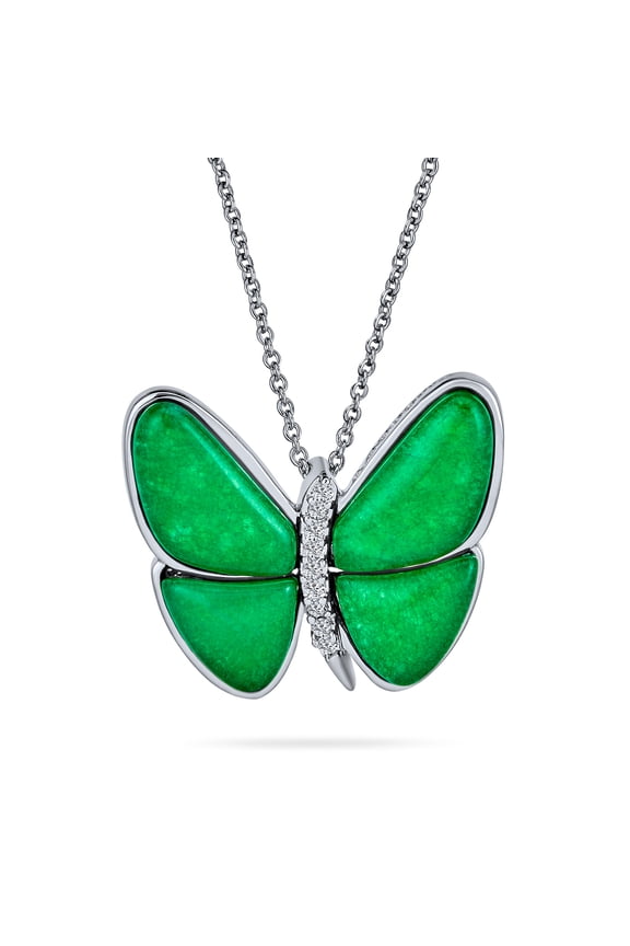 Womens Nature Inspired Silver Plated Pendant Necklace Green Jade CZ Butterfly Accents