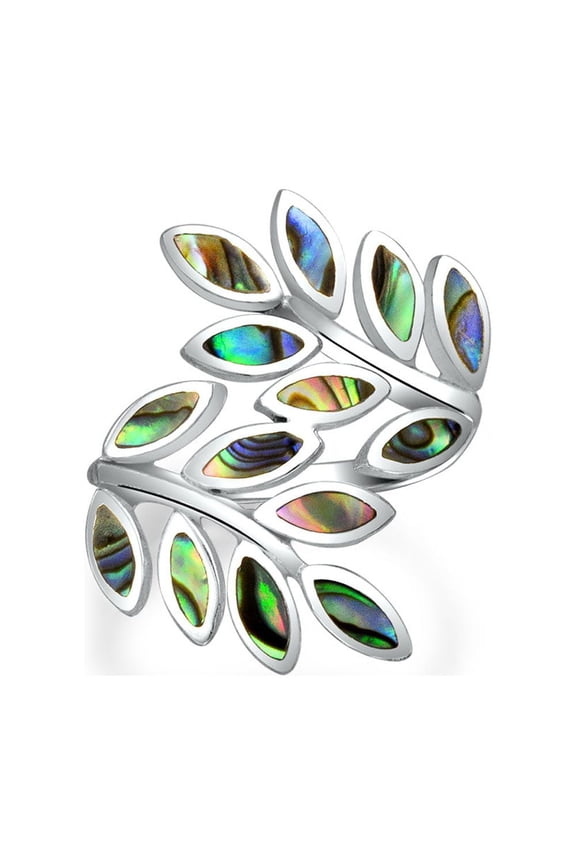 Womens Nature Ivy Rainbow Shell Wrap Silver Ring Laurel Vine Leaf Bypass Abalone Design