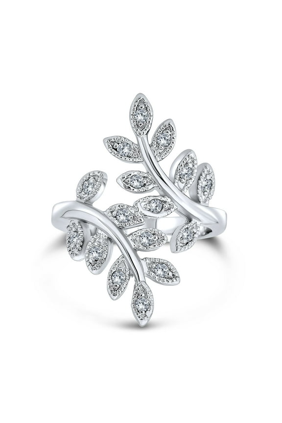 Womens Nature Ivy Vine Leaf Full Finger Statement Ring with Cubic Zirconia Pave CZ Silver Plated