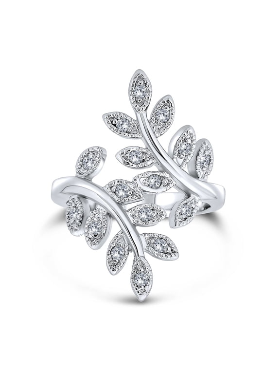 Womens Nature Leaves Leaf Statement Ring Bypass Band Pave CZ Silver Plated