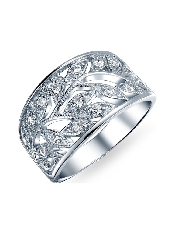 Womens Nature Leaves Leaf Ring Filigree Wide Pave CZ .925 Sterling Silver