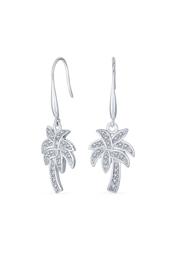 Womens Nautical Beach CZ Palm Tree Dangle Chandelier Earrings in Sterling Silver
