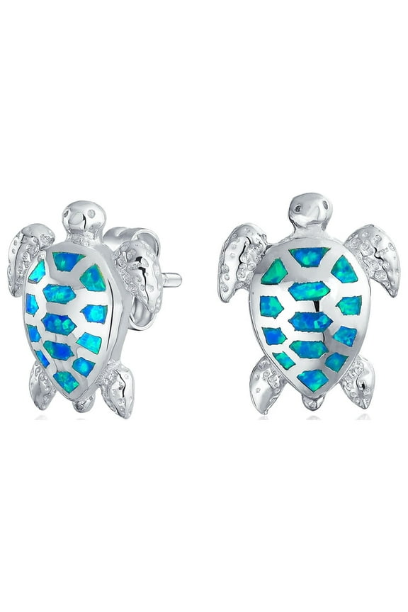 Womens Nautical Beach Vacation Opal Sea Turtle Stud Earrings Sterling Silver 13MM