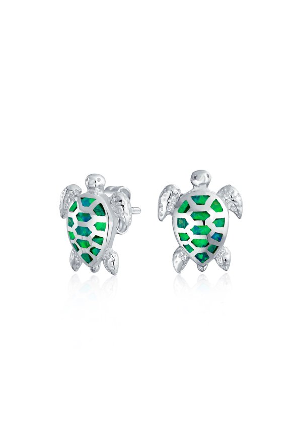 Womens Nautical Beach Vacation Opal Sea Turtle Stud Earrings Sterling Silver 13MM