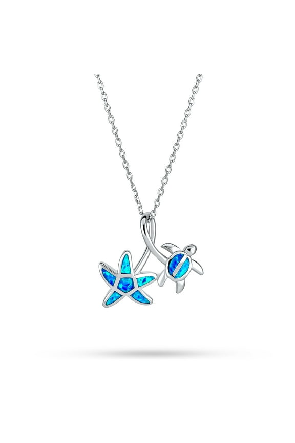 Womens Nautical Blue Opal Sea Turtle Starfish Pendant Necklace in Sterling Silver
