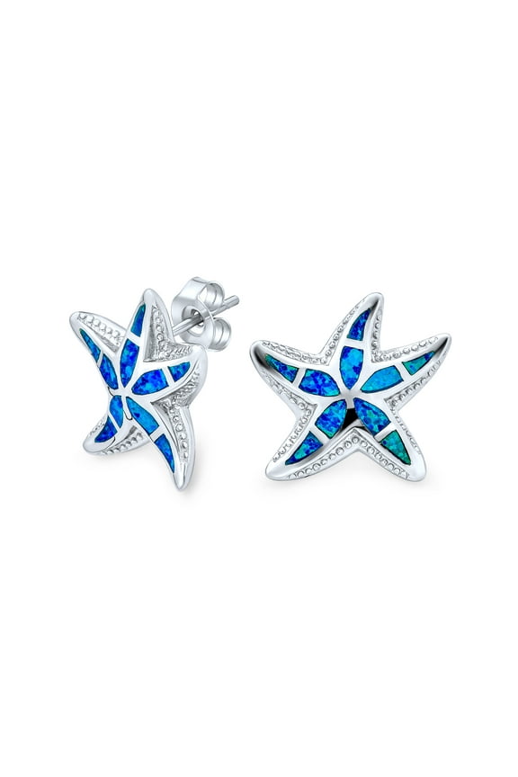 Womens Nautical Blue Opal Starfish Stud Earrings in Sterling Silver for Beach Vacation