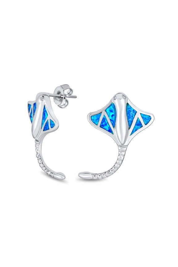 Womens Nautical Blue Created Opal Inlay Large Stingray Stud Earrings .925 Sterling Silver