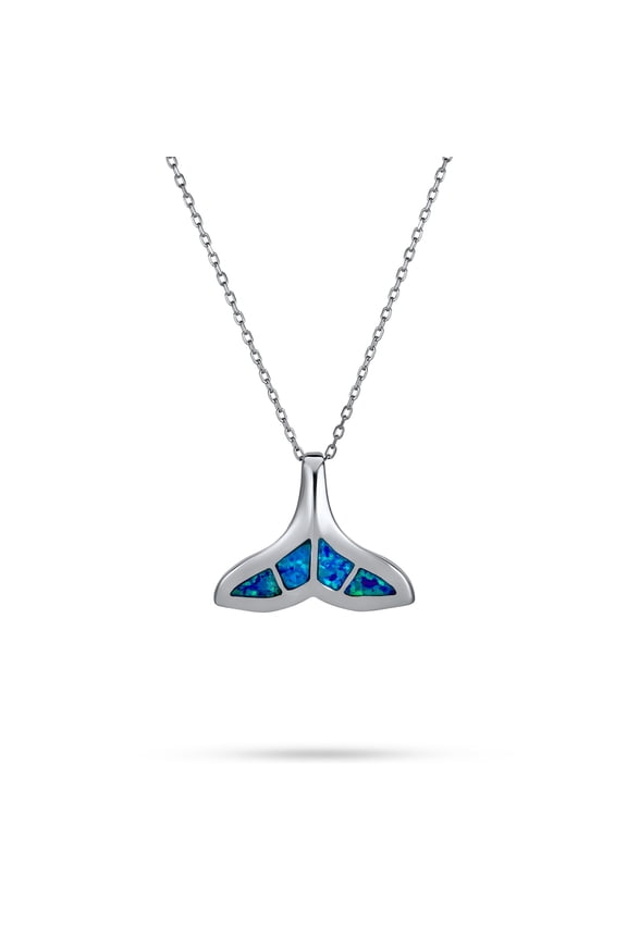 Womens Nautical Blue Opal Whale Tail Pendant Necklace in Sterling Silver