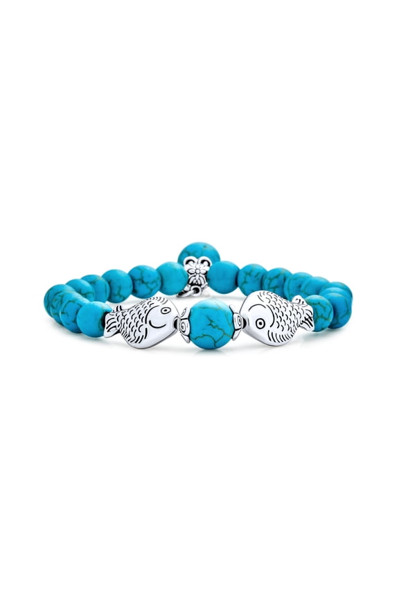 Womens Nautical Blue Turquoise Pisces Charm Stretch Bracelet with Silver Plated Beads