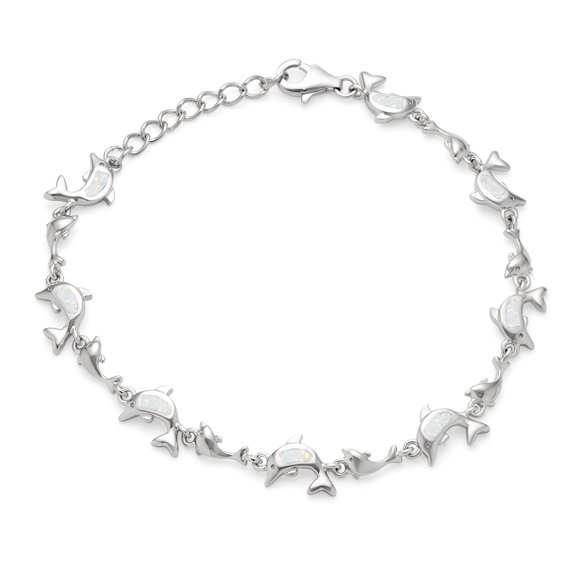 Bling Jewelry Womens Nautical Chain Link Bracelet with Opal Inlay Dolphins Sterling Silver 7.5-9"