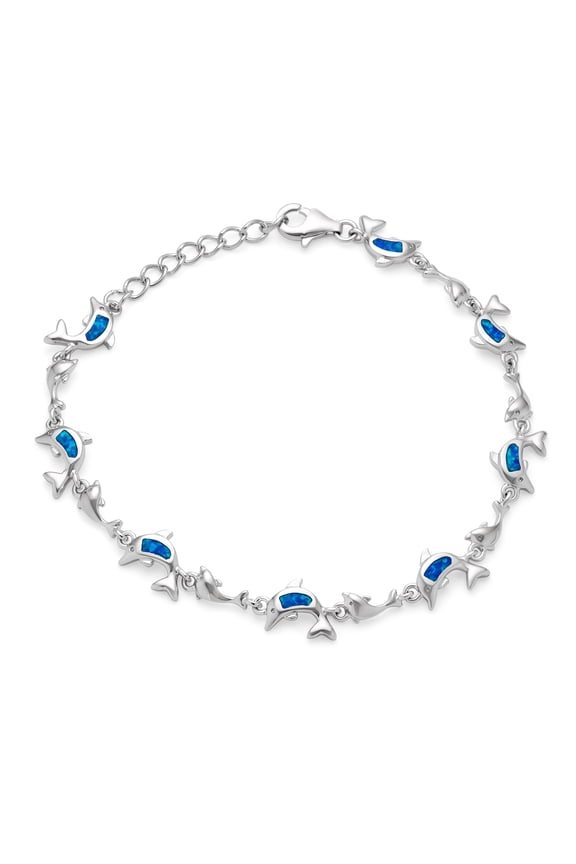 Womens Nautical Created Blue White Opal Inlay Dolphins Bracelet .925 Sterling Silver