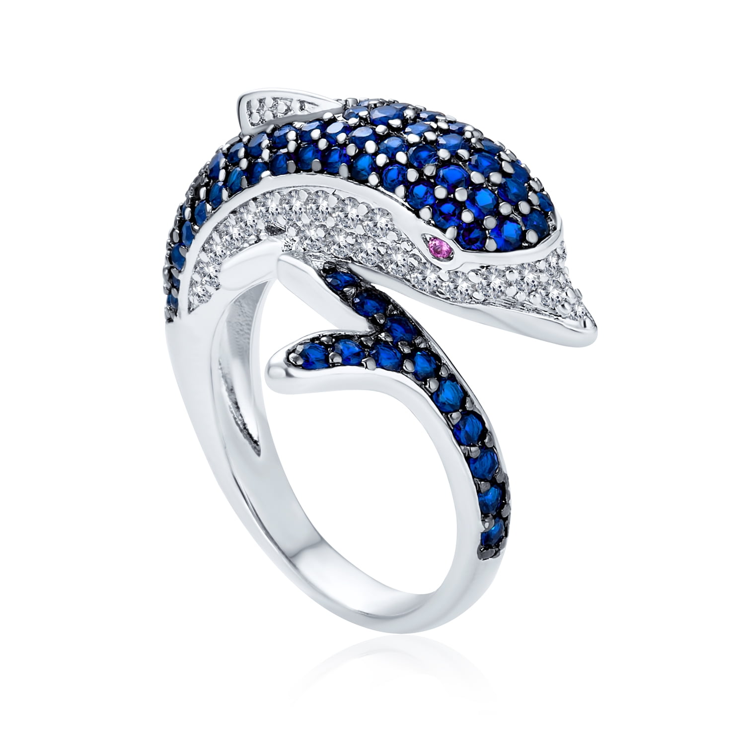 Navy Blue Dolphin Statement Ring For Women – Silver Plated With Cubic Zirconia Stones