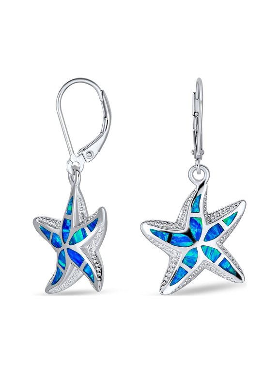 Womens Nautical Created Blue Opal Dangle Earrings Sterling Silver Leverback