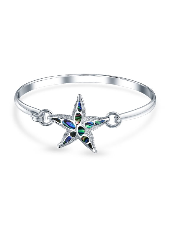 Womens Nautical Iridescent Abalone Shell Starfish Bangle Bracelet Sterling Silver