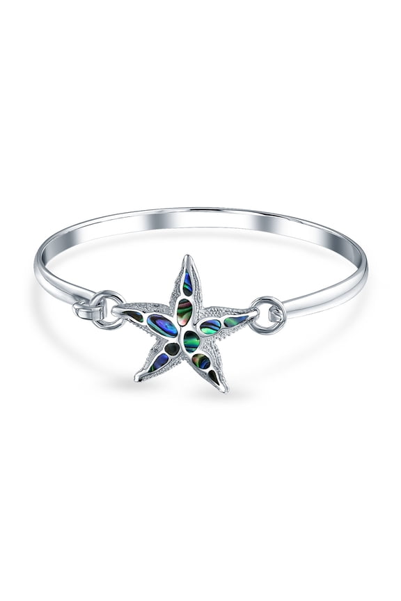 Womens Nautical Marine Life Abalone Shell Starfish Bangle Bracelet in Sterling Silver