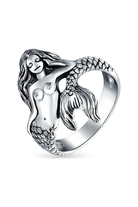 Womens Nautical Mermaid Silver Ring with Oxidized Sterling Band
