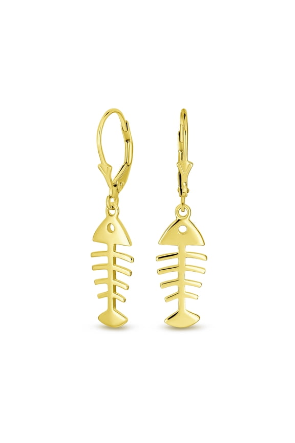 Womens Nautical Fishbone Dangle Earrings 14K Gold Plated Sterling Silver Leverback