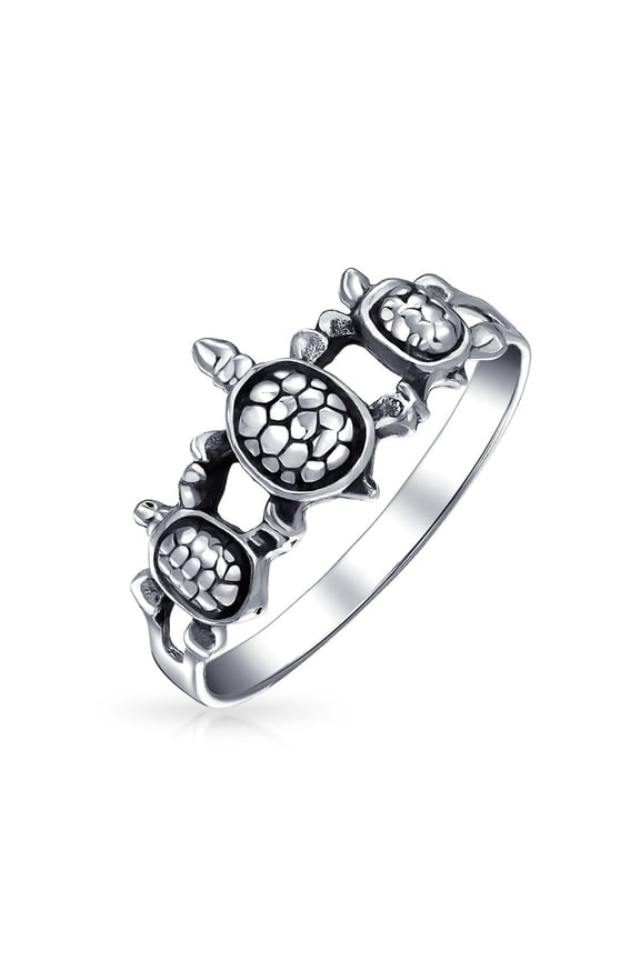 Womens Nautical Sea Turtle Silver Ring for Best Friends Oxidized Sterling Band