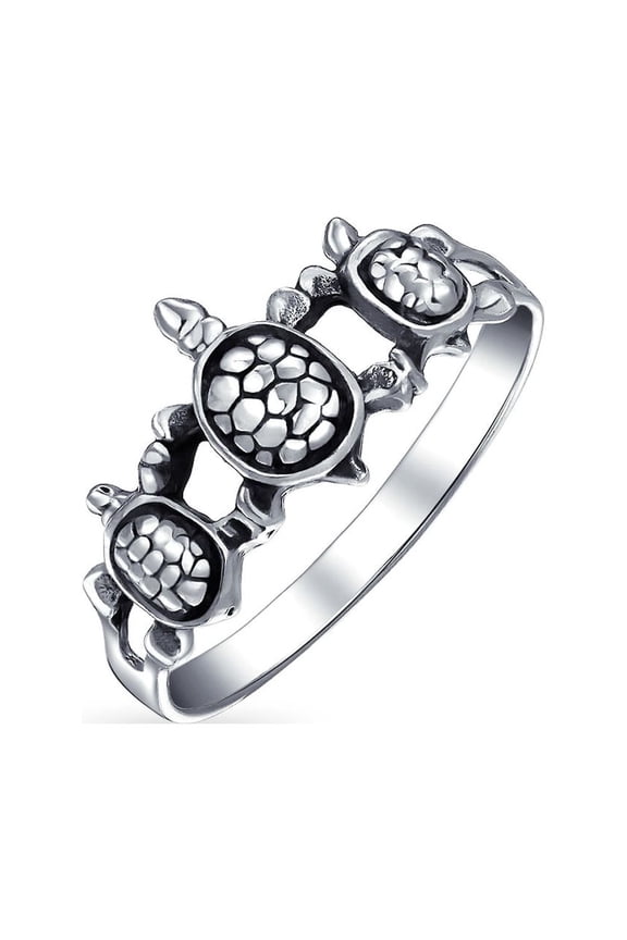 Womens Nautical Sea Turtle Silver Ring for Best Friends Oxidized Sterling Band
