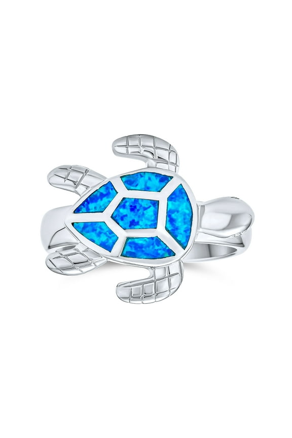 Womens Nautical Tropical Blue Created Opal Inlay Turtle Ring .925 Sterling Silver