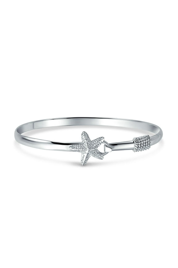 Womens Nautical Starfish Bangle Bracelet in Sterling Silver with Eye Hook Clasp
