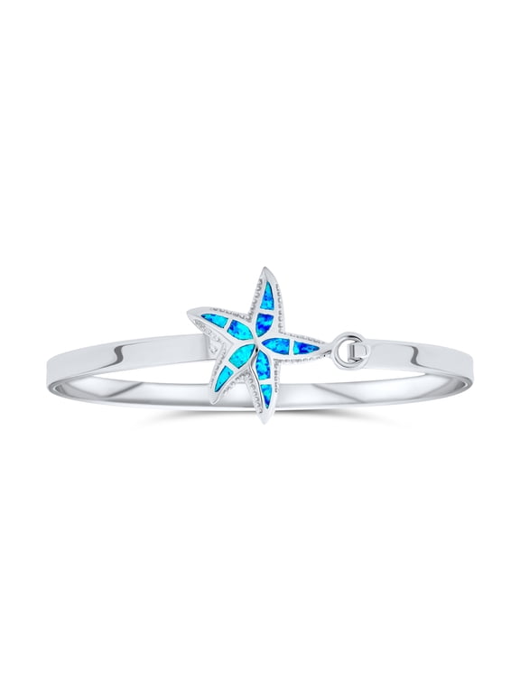 Womens Nautical Starfish Created Opal Bangle Bracelet .925 Sterling Silver 7.5"