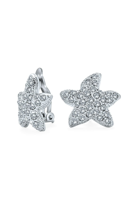 Womens Fashion Pave Crystal Starfish Clip On Earrings Non Pierced Ears Silver Plated