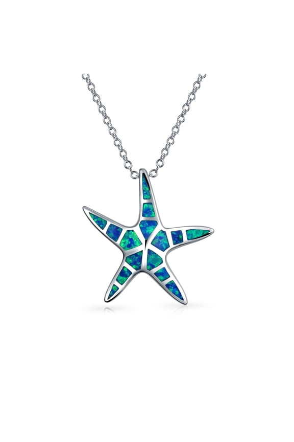 Womens Nautical Starfish Pendant Necklace with Blue Opal Inlay in Sterling Silver