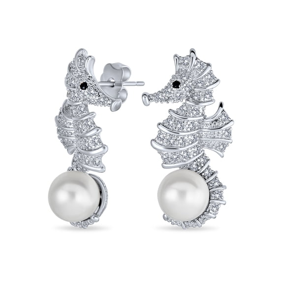 Bling Jewelry Womens Nautical Wedding CZ Stud Earrings with Simulated Pearl Seahorse Design