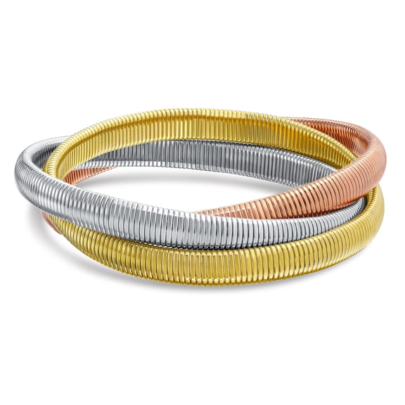 Bling Jewelry Womens Omega Cobra Bangle Bracelet 3-Strand Set Silver Rose Gold Stainless Steel