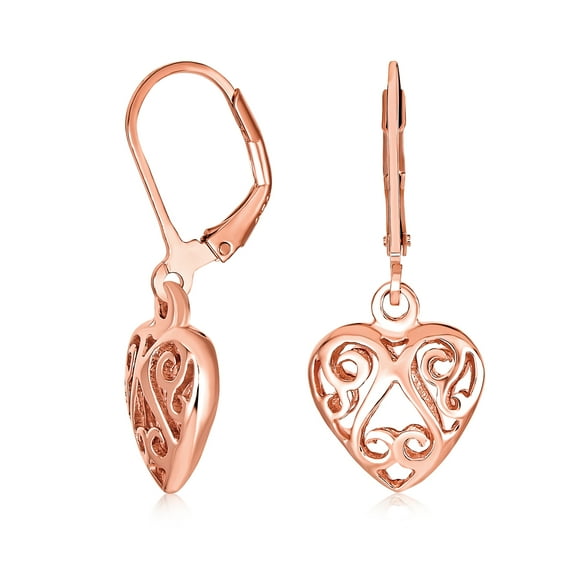 Bling Jewelry Womens Open Clover Flower Filigree Puff Heart Dangling Earrings Rose Gold Sterling Silver