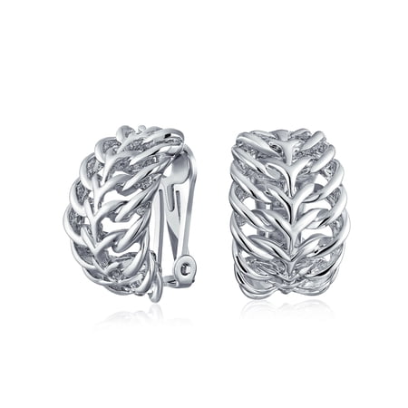 Bling Jewelry Womens Open Weave Leaf Feather Motif Wide Half Hoop Clip On Earrings Non Pierced Ears
