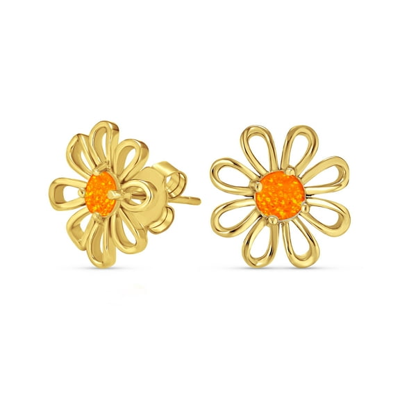 Bling Jewelry Womens Created Fire Orange Opal Daisy Flower Stud Earrings 14K Gold Plated Sterling Silver