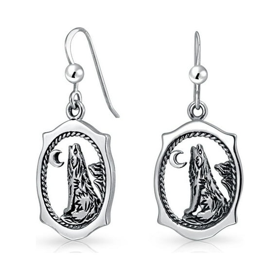 Bling Jewelry Womens Oval Animal Totem Amulet Wicca Jewelry Howling Wolf Dangle Earrings Silver