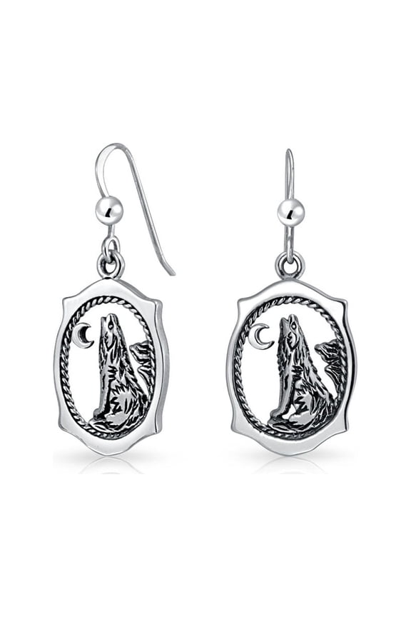 Womens Oval Animal Totem Amulet Wicca Jewelry Howling Wolf Dangle Earrings Silver