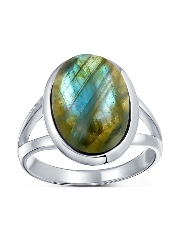 Womens Oval Labradorite Statement Ring Split Shank Band .925 Sterling Silver