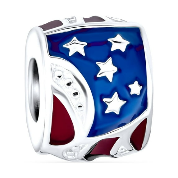 Bling Jewelry Womens Patriotic USA Flag Star Stripes Charm Bead .925 Sterling Silver for Bracelet