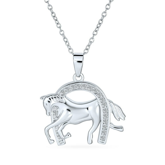 Bling Jewelry Womens Pave CZ Horse Pendant Necklace with Horseshoe Western Jewelry in Sterling Silver