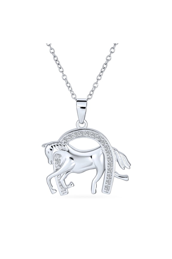 Womens Pave CZ Horse Pendant Necklace with Horseshoe Western Jewelry in Sterling Silver