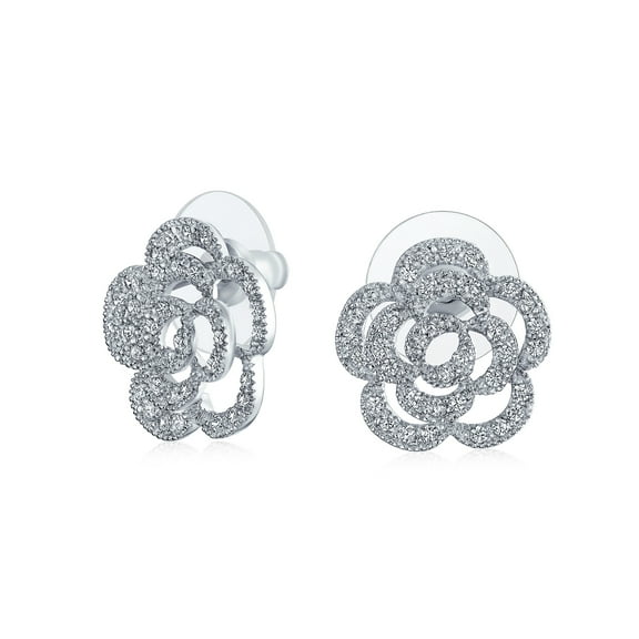 Bling Jewelry Womens Cubic Zirconia CZ 3D Twist Halo Rose Flower Shape Stud Earrings