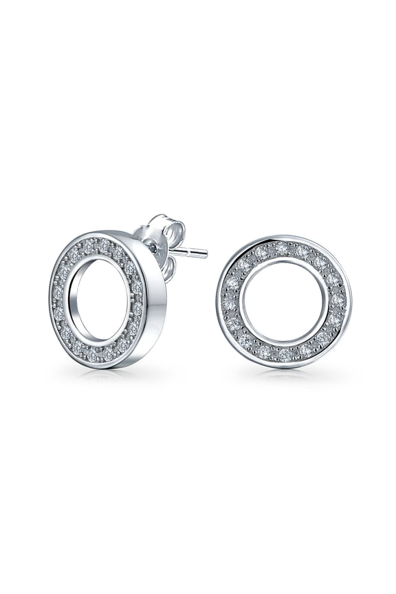 Womens  Pave CZ Open Circle Round Disc Stud Earrings