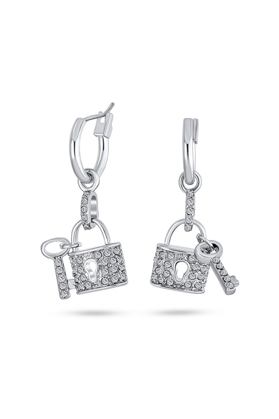 Womens Romantic Couples Pave Crystal Lock & Key Charm Dangle Earrings
