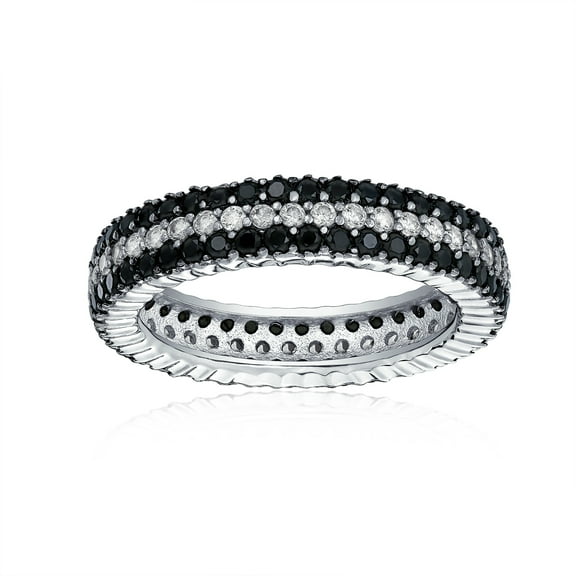 Bling Jewelry Womens Pave Two Tone 3 Row Stripe CZ Black & White Eternity Band Ring Sterling Silver