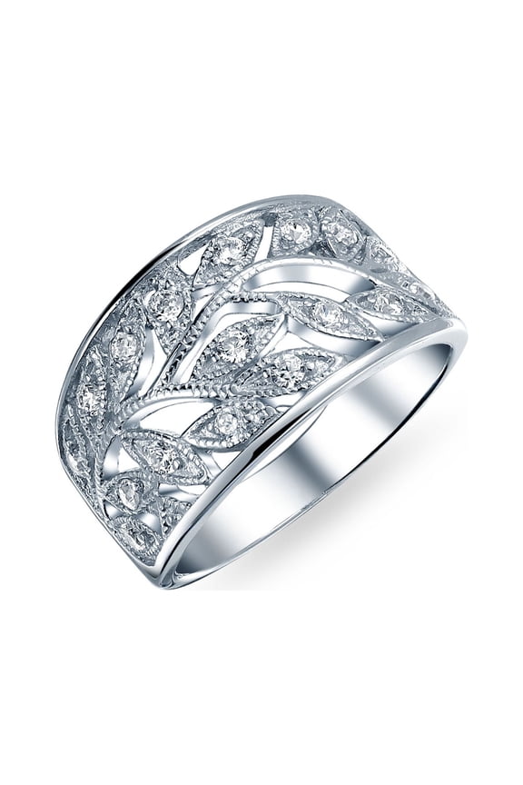 Womens  Pave Cubic Zirconia Silver Ring with Open Filigree Leaf