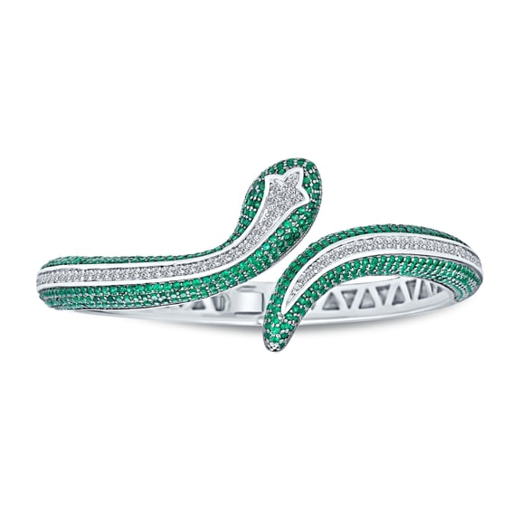 Bling Jewelry Womens Pave Green Clear CZ Bypass Snake Statement Bangle Bracelet Silver Plated