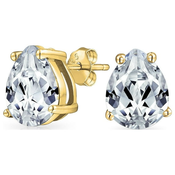 Bling Jewelry Womens Pear Shape CZ Stud Earrings Teardrop Solitaire Gold Plated Sterling Silver 6-9MM