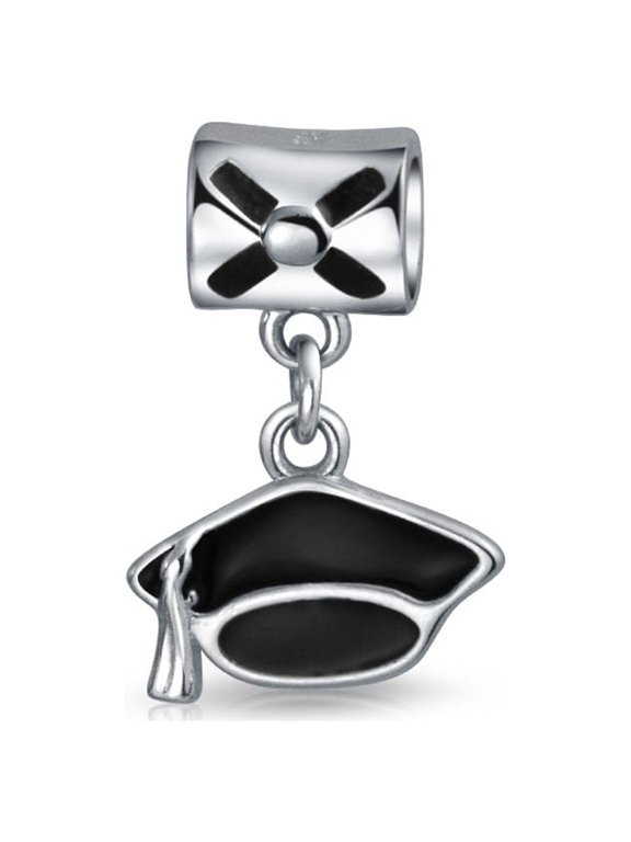 Womens Oval Black Graduation Cap Dangle Charm Bead for Bracelet Sterling Silver