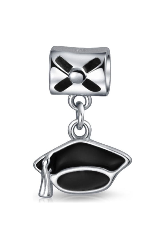 Womens .925 Sterling Silver Personalize Oval Graduate Trencher Black Graduation Cap Dangle Charm Bead Student